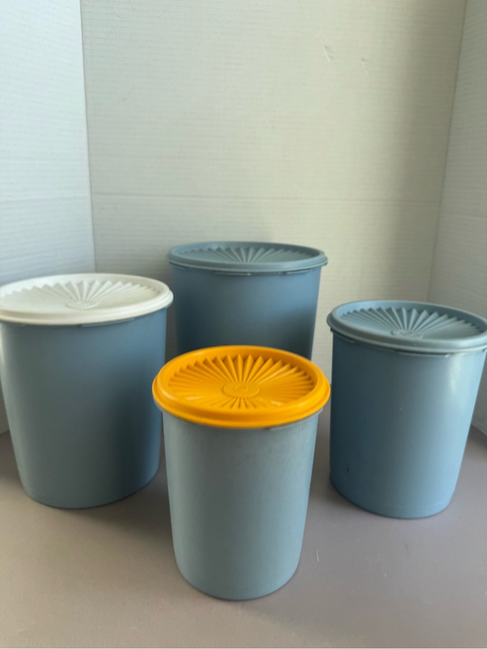 Tupperware Light Blue Canisters with Yellow and White Lids